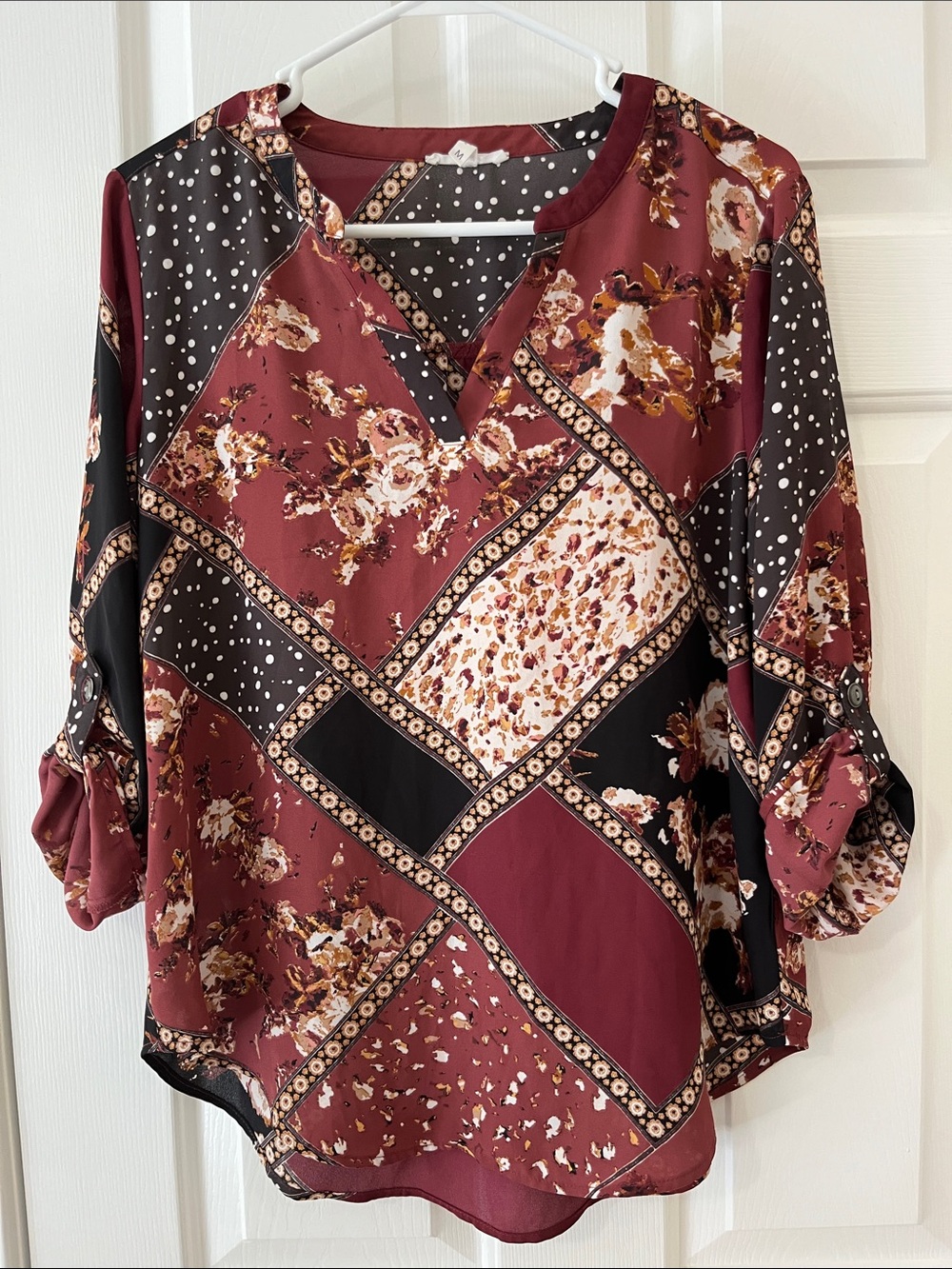 Maurices Red and Black shirt with Orange Floral Designs